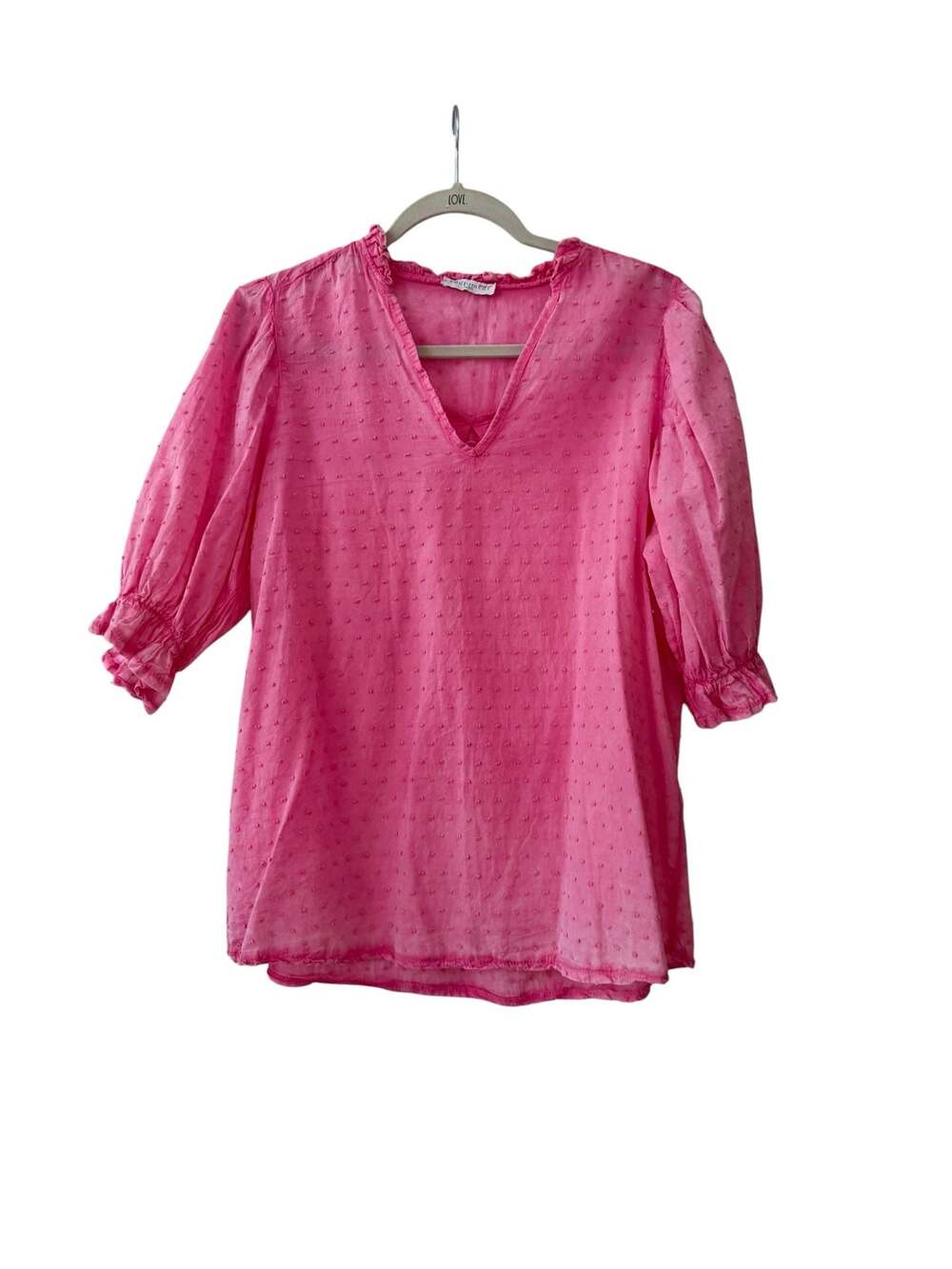 Andromede Paris Pink Swiss Dot V-Neck Ruffle Sleeve Blouse